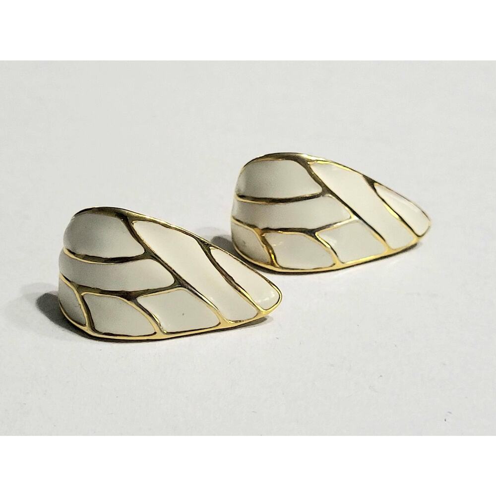 Vintage Cream Enamel Geometric Earrings Gold Half Hoop Pierced Bold Statement